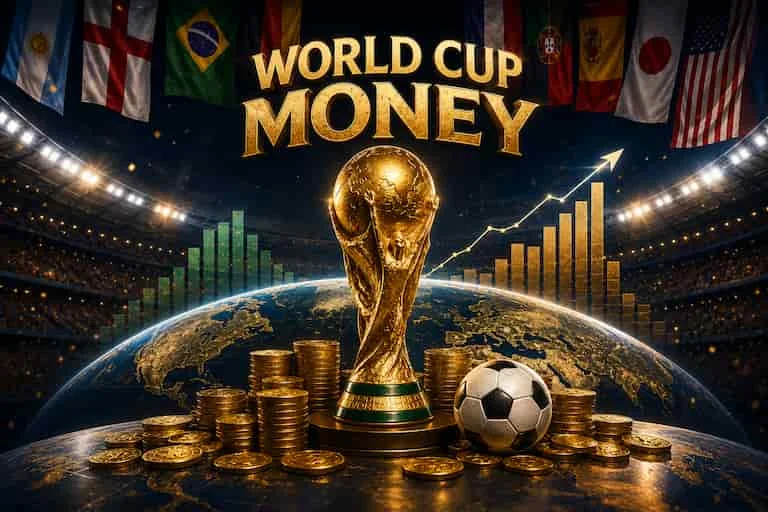 Golden World Cup trophy surrounded by floating coins on a stadium backdrop