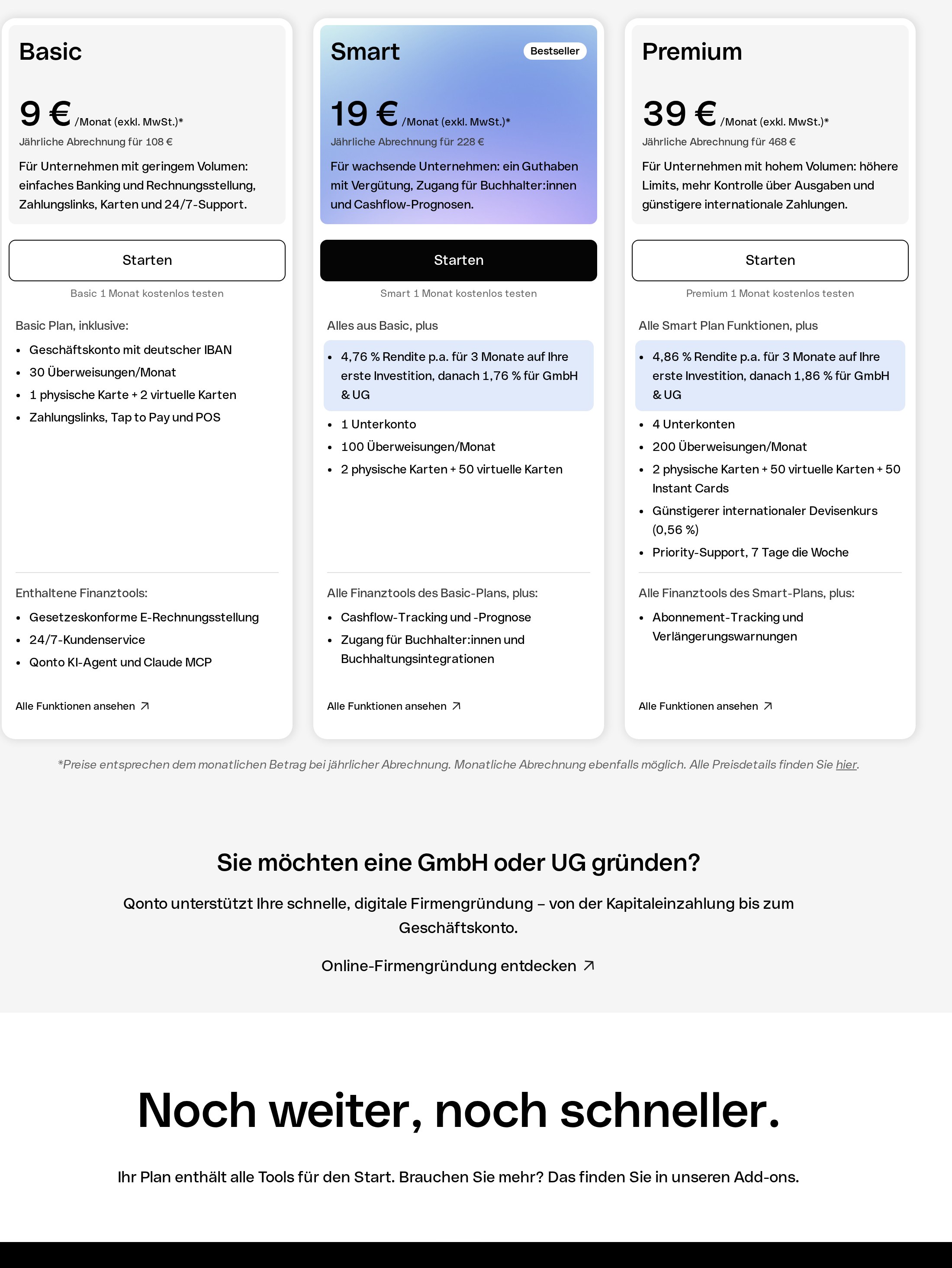 Qonto-Tarife Basic, Smart und Premium im Preisvergleich