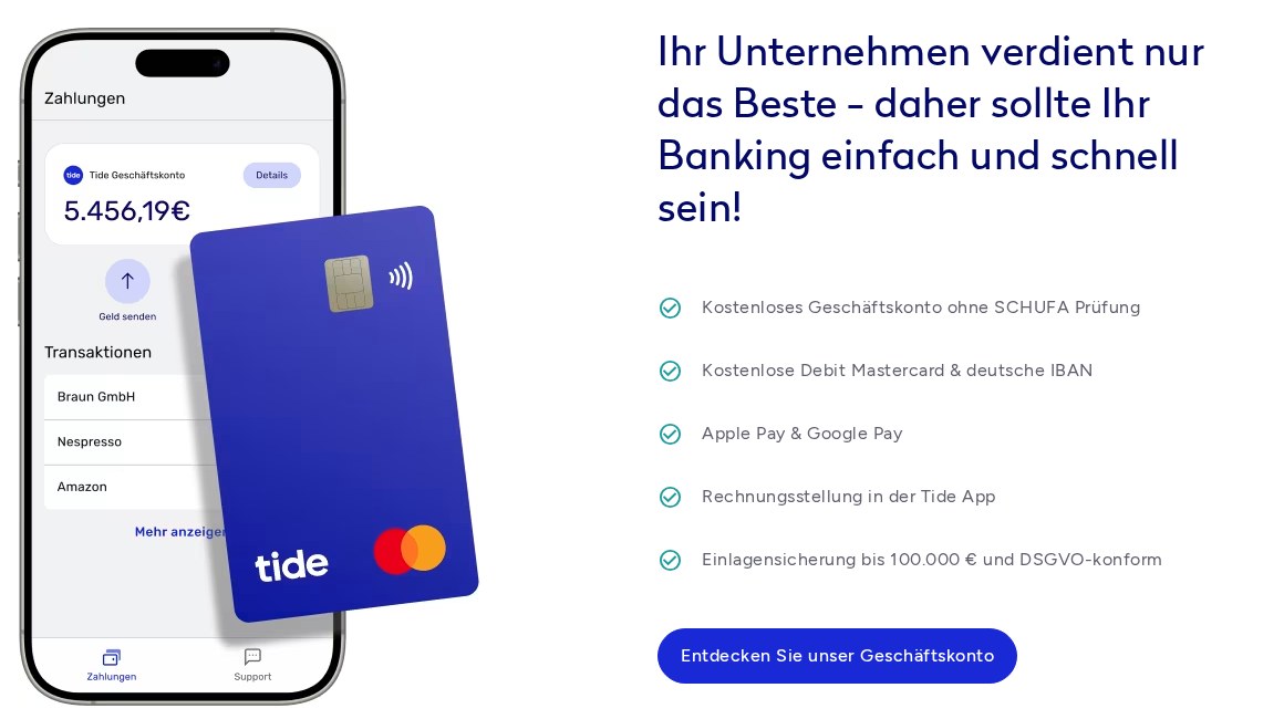 Tide App mit Kontostand, Transaktionen und Debit Mastercard